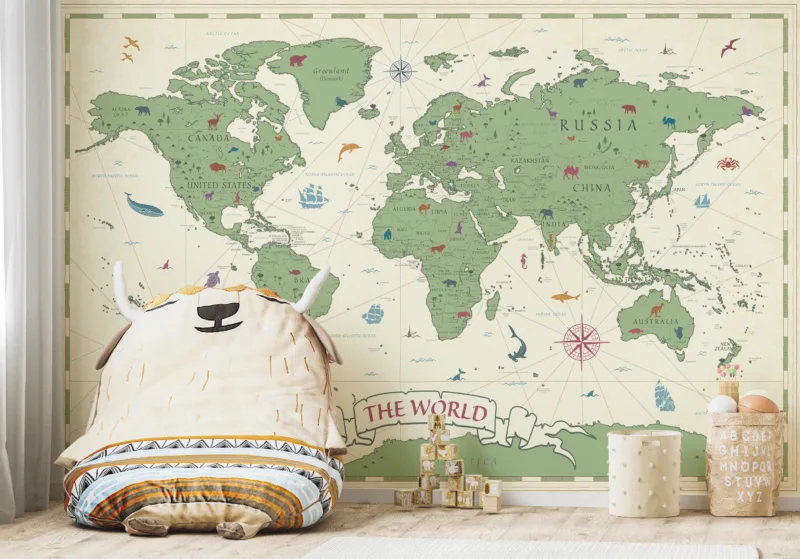 The Boho Style World Map Nursery Wall Decor Animal Poster brings a charming Colorado-inspired design for cozy living spaces.