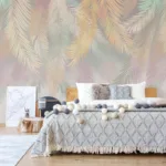 Botanical palm foliage wall decal in peach and green tones, removable wallpaper mural for living room spaces and cozy interiors.