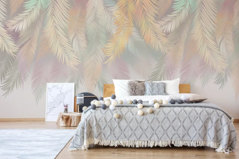 Botanical palm foliage wall decal in peach and green tones, removable wallpaper mural for living room spaces and cozy interiors.