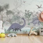 Boys Nursery Jungle Wall Mural With Dinosaur Design Vinyl Arizona Home Boys nursery jungle wall mural with dinosaur design in green vinyl, perfect for Arizona kids’ rooms and toddler play spaces.