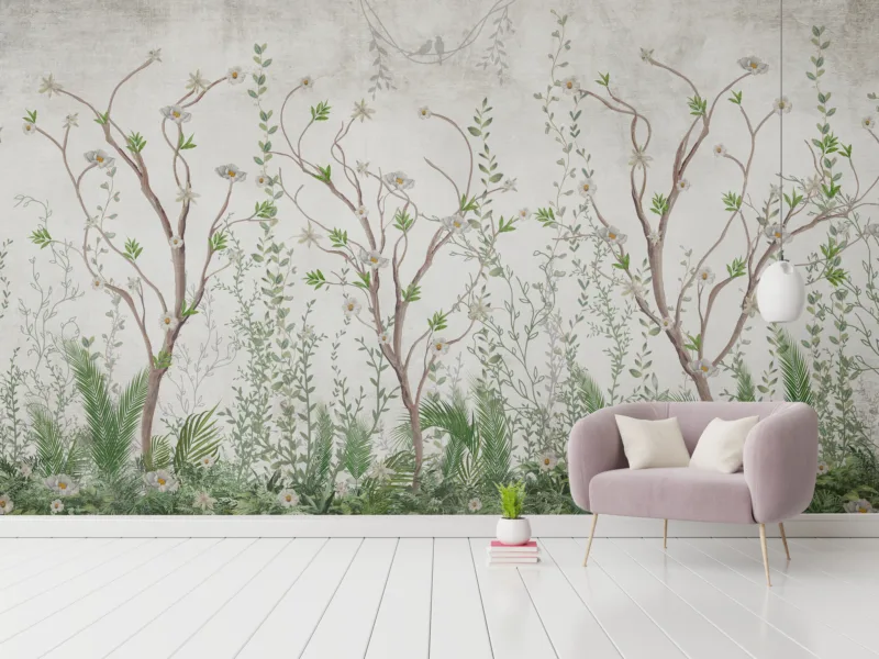 Chinoiserie Tree Mural Wallpaper in Soft Green Peel and Stick Style Perfect for Los Angeles Bedrooms and Modern US Homes