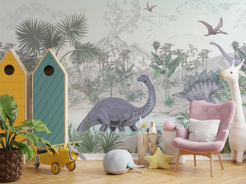 Dinosaur Wallpaper Peel And Stick Kids Nursery Jungle Theme New York Homes Dinosaur wallpaper peel and stick in jungle theme, ideal for kids’ nursery walls and toddler rooms in New York homes.