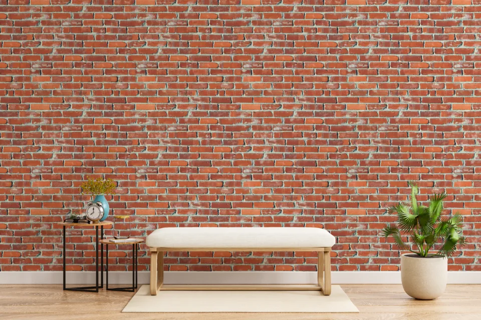 Farmhouse Industrial Brick Wallpaper Rustic Red Peel Stick Decal London Accent Style Rustic red farmhouse industrial brick wallpaper peel and stick wall decal, perfect for London accent walls and modern home interiors.