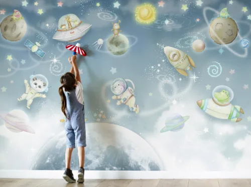 Galaxy Animal Wallpaper Peel And Stick Nursery Decor Removable Decal Chicago Walls Feature Self-adhesive galaxy animal wallpaper mural, removable design for kids nursery, playful stars and cosmic pattern wall art style.