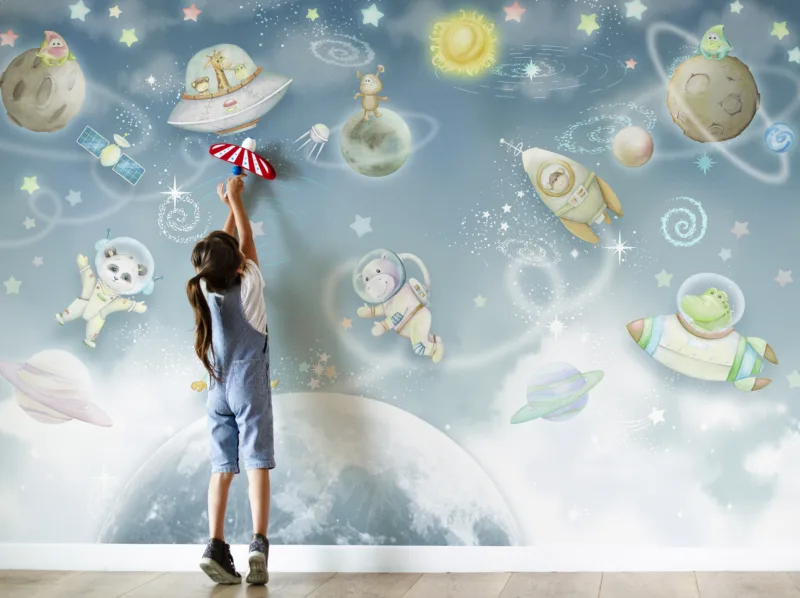 Self-adhesive galaxy animal wallpaper mural, removable design for kids nursery, playful stars and cosmic pattern wall art style.