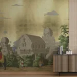 Golden Indian heritage wall mural with royal elephant palace artwork, peel and stick removable wallpaper for bedrooms and offices, styled for Texas homes with artistic flair.