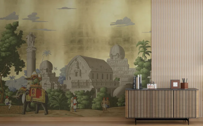Golden Indian heritage wall mural with royal elephant palace artwork, peel and stick removable wallpaper for bedrooms and offices, styled for Texas homes with artistic flair.