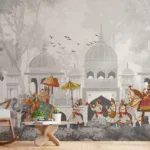 Vintage Gray Mughal Wallpaper Mural | Ethnic Royal Theme Wall Covering | Peel and Stick Design for Houston Texas Living Rooms