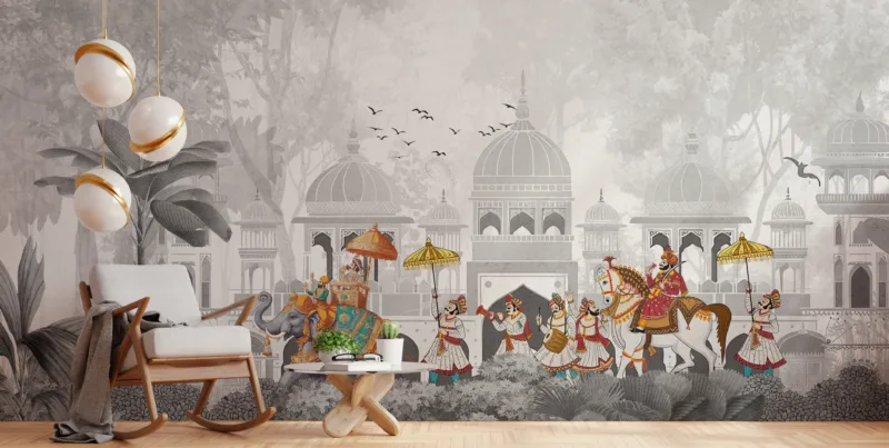 Vintage Gray Mughal Wallpaper Mural | Ethnic Royal Theme Wall Covering | Peel and Stick Design for Houston Texas Living Rooms