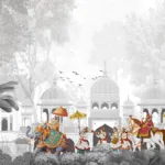 Gray Vintage Palace Architecture Wallpaper Mural | Elephant and Horse Royal Art | Peel and Stick Wall Covering for Homes