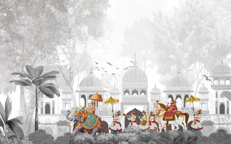 Gray Vintage Palace Architecture Wallpaper Mural | Elephant and Horse Royal Art | Peel and Stick Wall Covering for Homes