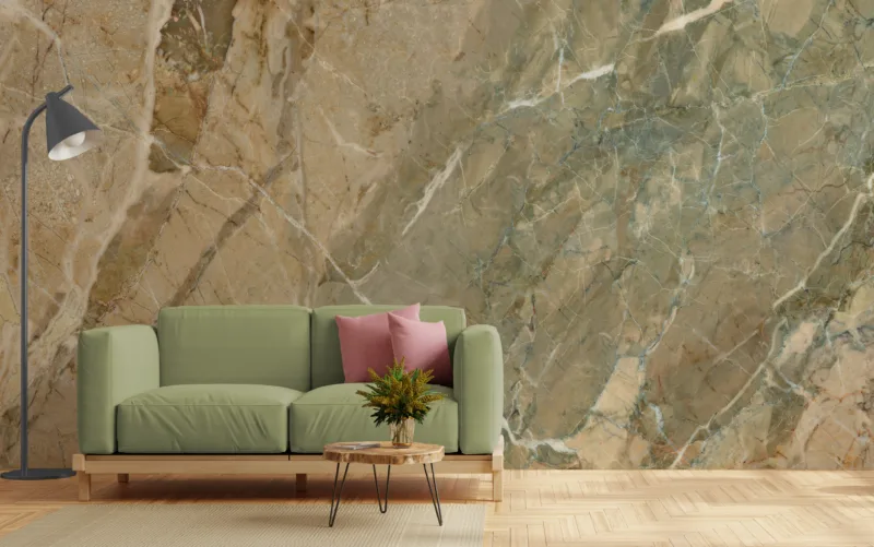Green beige marble wallpaper, removable peel and stick design with textured style, perfect for living room walls.