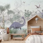 Green Jungle Dinosaur Nursery Wallpaper Mural For Toddler Room Chicago Vibe Green jungle dinosaur nursery wallpaper mural, peel and stick style for toddler room walls and nursery interiors in homes.