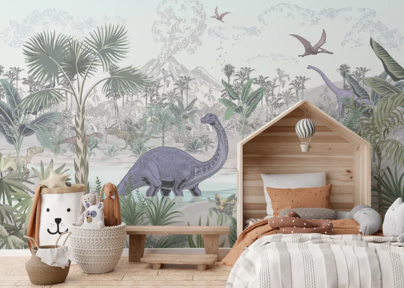 Green Jungle Dinosaur Nursery Wallpaper Mural For Toddler Room Chicago Vibe Green jungle dinosaur nursery wallpaper mural, peel and stick style for toddler room walls and nursery interiors in homes.
