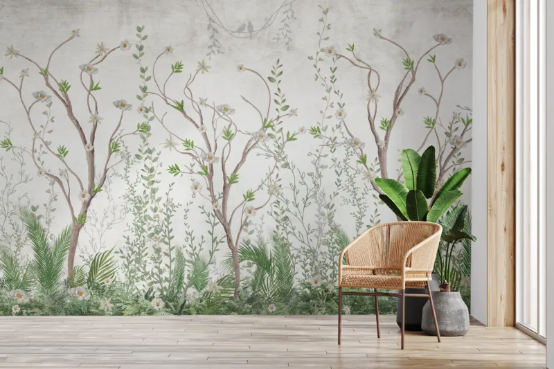 Handpainted Chinoiserie Botanical Wall Mural Green Tree Design in Peel and Stick Style Perfect for Chicago Homes and Modern Living Spaces