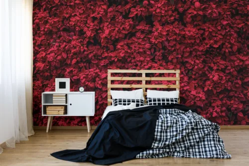 Holiday Botanical Wall Covering Red Leaf Vinyl Decal Removable Winter Austin Interior Highlight Holiday red leaf wallpaper, botanical peel and stick vinyl mural, removable wall art for winter interiors, living highlight