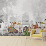 Indian Cultural Gray Wallpaper Mural | Elephant Artwork Wall Covering | Peel and Stick Design for Philadelphia Pennsylvania Bedrooms