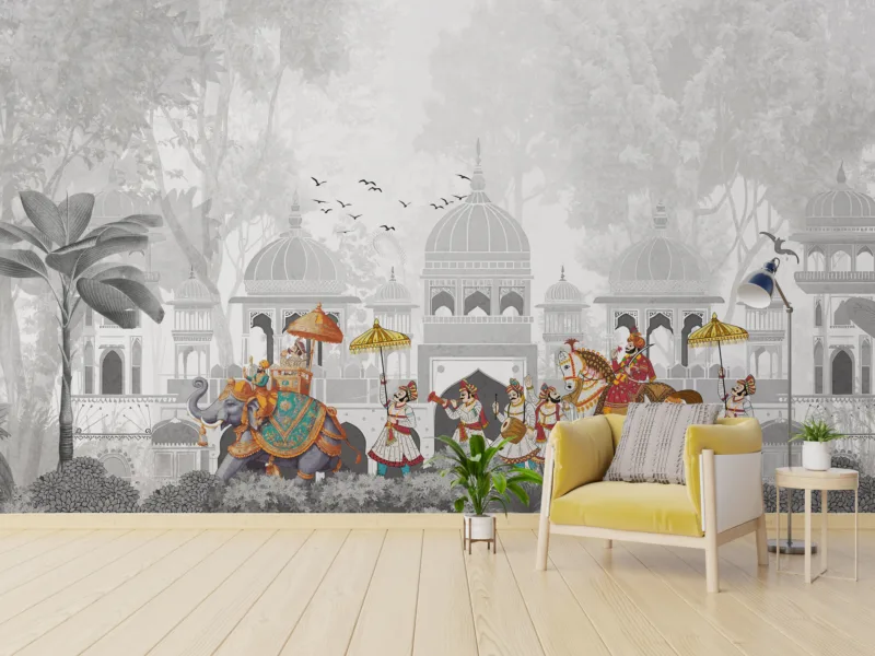 Indian Cultural Gray Wallpaper Mural | Elephant Artwork Wall Covering | Peel and Stick Design for Philadelphia Pennsylvania Bedrooms