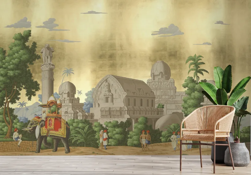 Indian heritage wallpaper mural featuring golden palace and elephant art, removable wall covering perfect for dining spaces, tailored for Illinois interiors with traditional design.