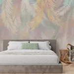 Bohemian style living room wallpaper with soft green palm pattern, removable wall art mural designed for Atlanta homes and modern interiors.