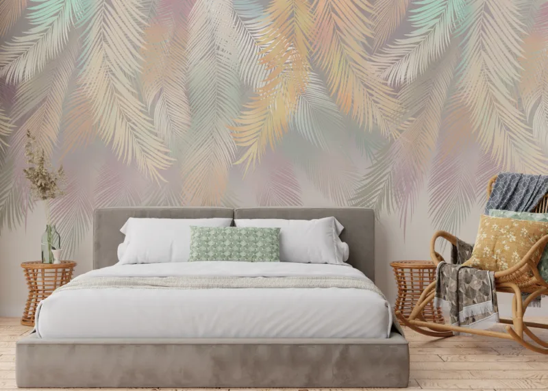 Bohemian style living room wallpaper with soft green palm pattern, removable wall art mural designed for Atlanta homes and modern interiors.