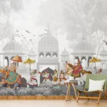Luxury Gray Indian Royal Procession Wallpaper Mural | Peel and Stick Wall Art | Perfect for Living Spaces