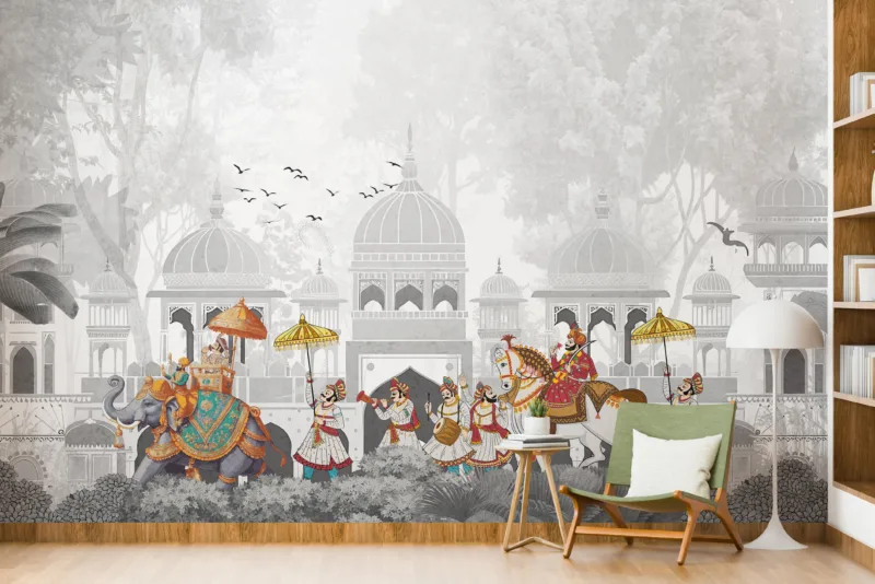 Luxury Gray Indian Royal Procession Wallpaper Mural | Peel and Stick Wall Art | Perfect for Living Spaces
