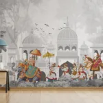 Gray Mughal Elephant Festival Wallpaper Mural | Historic Indian Wall Art | Peel and Stick Wall Covering for Dallas Texas Homes