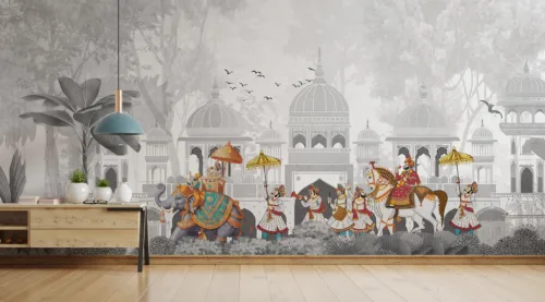 Mughal Wall Mural Historic Indian Elephant Festival Gray Living Room Dallas Decor Scene Gray Mughal Elephant Festival Wallpaper Mural | Historic Indian Wall Art | Peel and Stick Wall Covering for Dallas Texas Homes