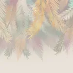 Pastel feather leaf wallpaper with boho inspired colors, peel and stick mural style, perfect wall covering for California homes and bedrooms.