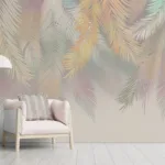 Pastel palm wall mural with soft foliage tones in modern boho style, ideal wallpaper design for Florida homes looking for light fresh vibes.