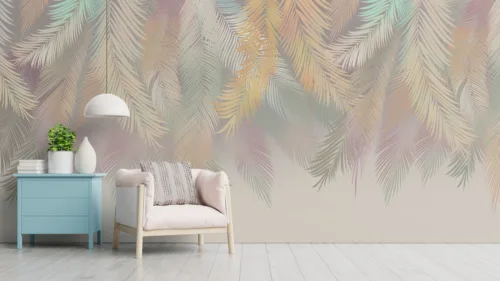 Pastel Palm Wall Mural Modern Foliage Boho Soft Colors Florida Home Vibe Pastel palm wall mural with soft foliage tones in modern boho style, ideal wallpaper design for Florida homes looking for light fresh vibes.