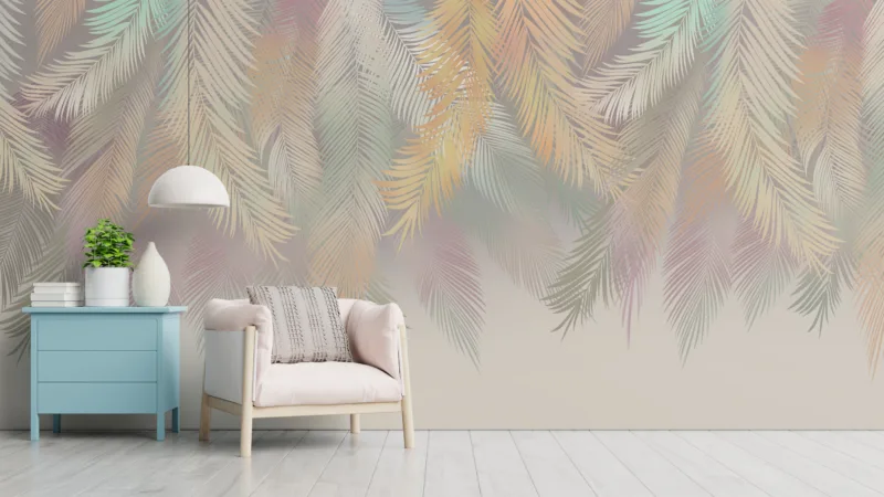 Pastel palm wall mural with soft foliage tones in modern boho style, ideal wallpaper design for Florida homes looking for light fresh vibes.