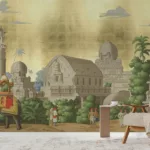 Peel and stick canvas wall mural showcasing Indian miniature art with elephant palace scene, ideal removable wallpaper for study or hallway, created for Colorado homes.