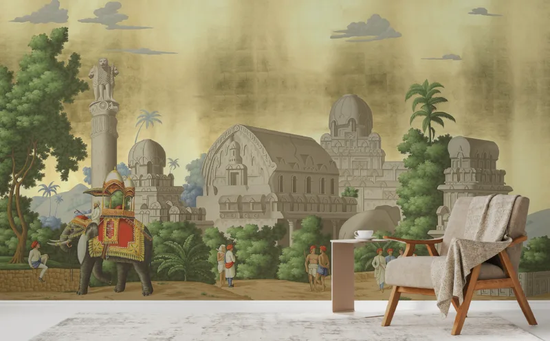 Peel and stick canvas wall mural showcasing Indian miniature art with elephant palace scene, ideal removable wallpaper for study or hallway, created for Colorado homes.