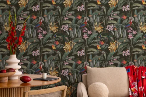 Removable Wallpaper Tropical Leaf Parrot Design Botanical Mural Floral Orlando Decor Vibe Tropical Leaf Parrot Removable Wallpaper in Botanical Floral Design, Peel and Stick Wall Mural for Kitchen Walls, Orlando Inspired Style