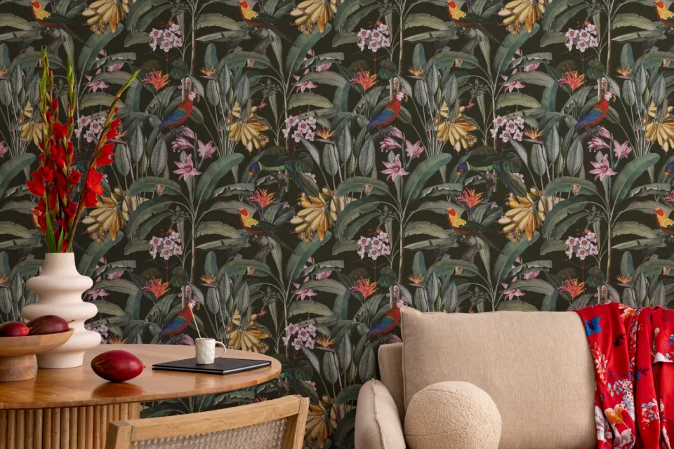 Tropical Leaf Parrot Removable Wallpaper in Botanical Floral Design, Peel and Stick Wall Mural for Kitchen Walls, Orlando Inspired Style