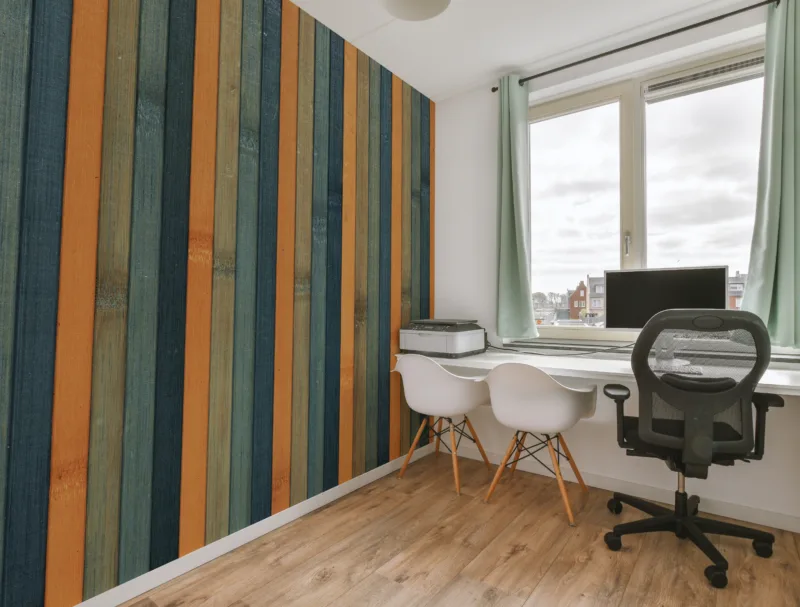 Removable wood wallpaper in blue orange tones, modern striped design for apartment walls, Texas Style Edit crafted for elegant USA inspired living.