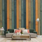 Self adhesive wallpaper with blue orange wood look, rustic panel style for living rooms, Seattle Design Guide suitable for USA contemporary wall use.