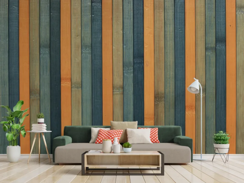 Self adhesive wallpaper with blue orange wood look, rustic panel style for living rooms, Seattle Design Guide suitable for USA contemporary wall use.