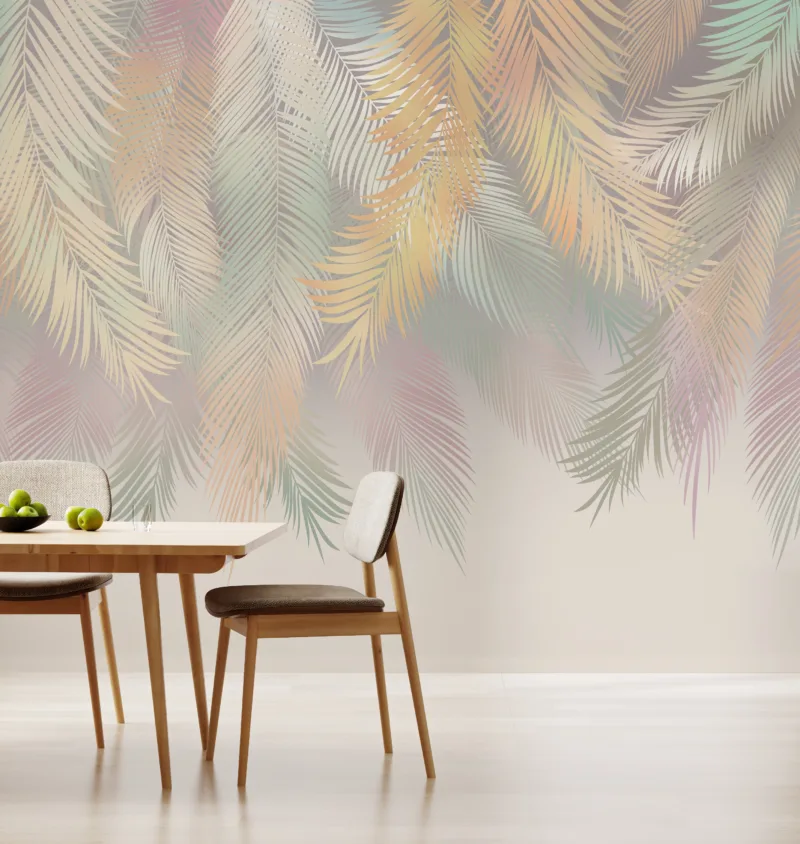 Soft palm leaf wallpaper peel and stick design, boho foliage tones for bedroom spaces, trending removable mural for New York homes special look.