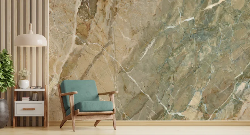 Luxury stone texture wallpaper mural, removable peel and stick wall covering for modern living room interiors, styled for Chicago loft design.