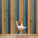 Striped peel and stick wallpaper in natural wood look panels, perfect for accent walls.