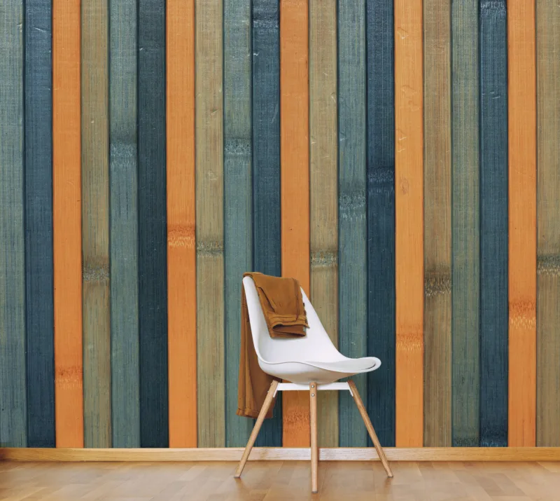 Striped peel and stick wallpaper in natural wood look panels, perfect for accent walls.