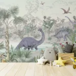 Vintage Animal Dino Wallpaper For Nursery Bedroom Colorado Nature Style Vintage animal dino wallpaper mural in soft earthy tones, peel and stick vinyl design for nursery bedrooms across Colorado homes.
