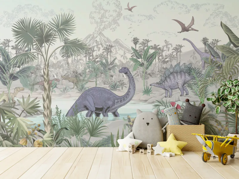 Vintage Animal Dino Wallpaper For Nursery Bedroom Colorado Nature Style Vintage animal dino wallpaper mural in soft earthy tones, peel and stick vinyl design for nursery bedrooms across Colorado homes.