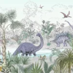 Vintage Dinosaur Peel And Stick Wallpaper For Kids Room Wall Vintage dinosaur peel and stick wallpaper in neutral tones, designed for kids’ bedroom and playroom walls in homes.