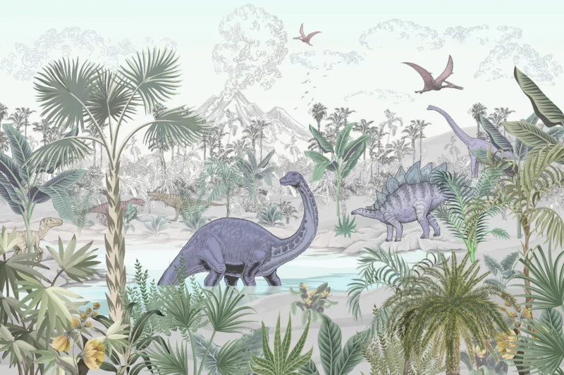 Vintage Dinosaur Peel And Stick Wallpaper For Kids Room Wall Vintage dinosaur peel and stick wallpaper in neutral tones, designed for kids’ bedroom and playroom walls in homes.