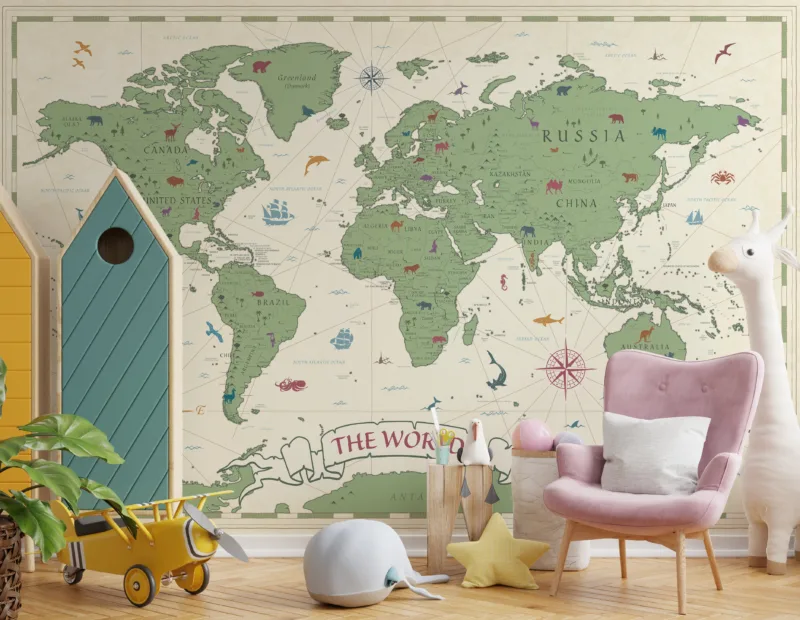 These wall art designs feature beautifully illustrated world map posters perfect for nurseries, classrooms, and playrooms.