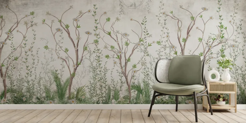 Vintage Nature Tree Wallpaper Peel and Stick Mural Featuring Floral Art Design Made for Boston Living Spaces and Elegant US Interiors